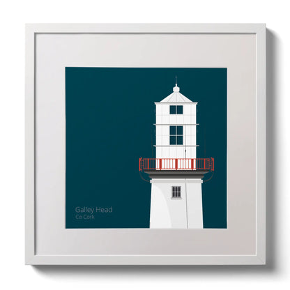 Illustration of Galley Head lighthouse on a midnight blue background,  in a white square frame measuring 30x30cm.