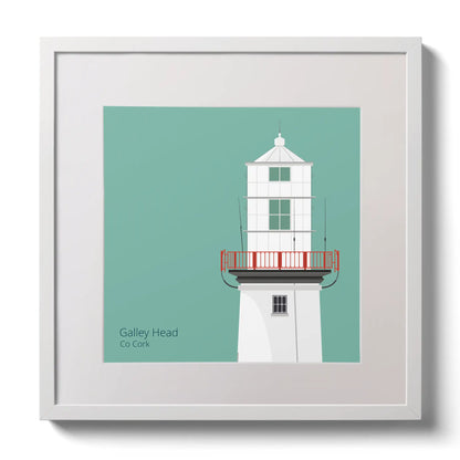 Illustration of Galley Head lighthouse on an ocean green background,  in a white square frame measuring 30x30cm.