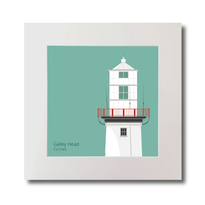 Illustration of Galley Head lighthouse on an ocean green background, mounted and measuring 30x30cm.