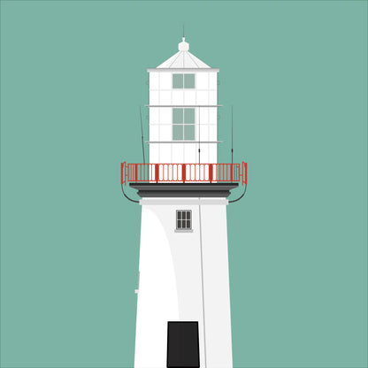 Illustration of Galley Head lighthouse on a white background inside light blue square.