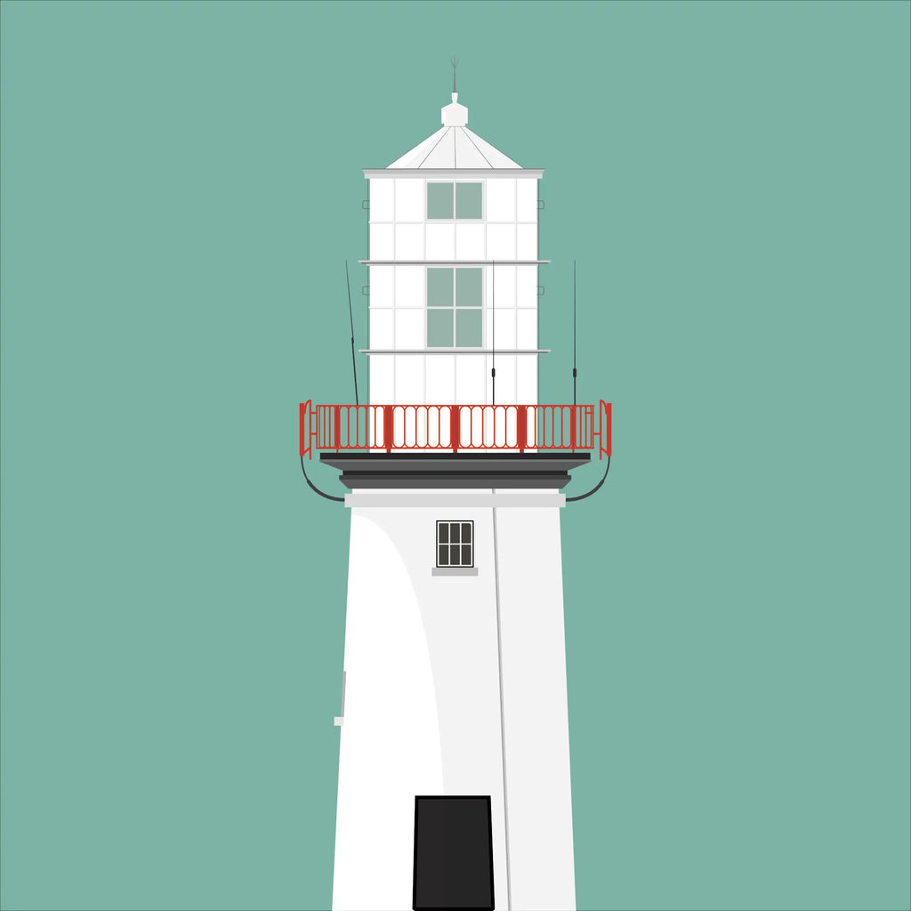 Illustration of Galley Head lighthouse on a white background inside light blue square.