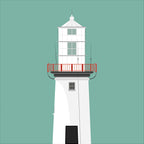 Illustration of Galley Head lighthouse on a white background inside light blue square.