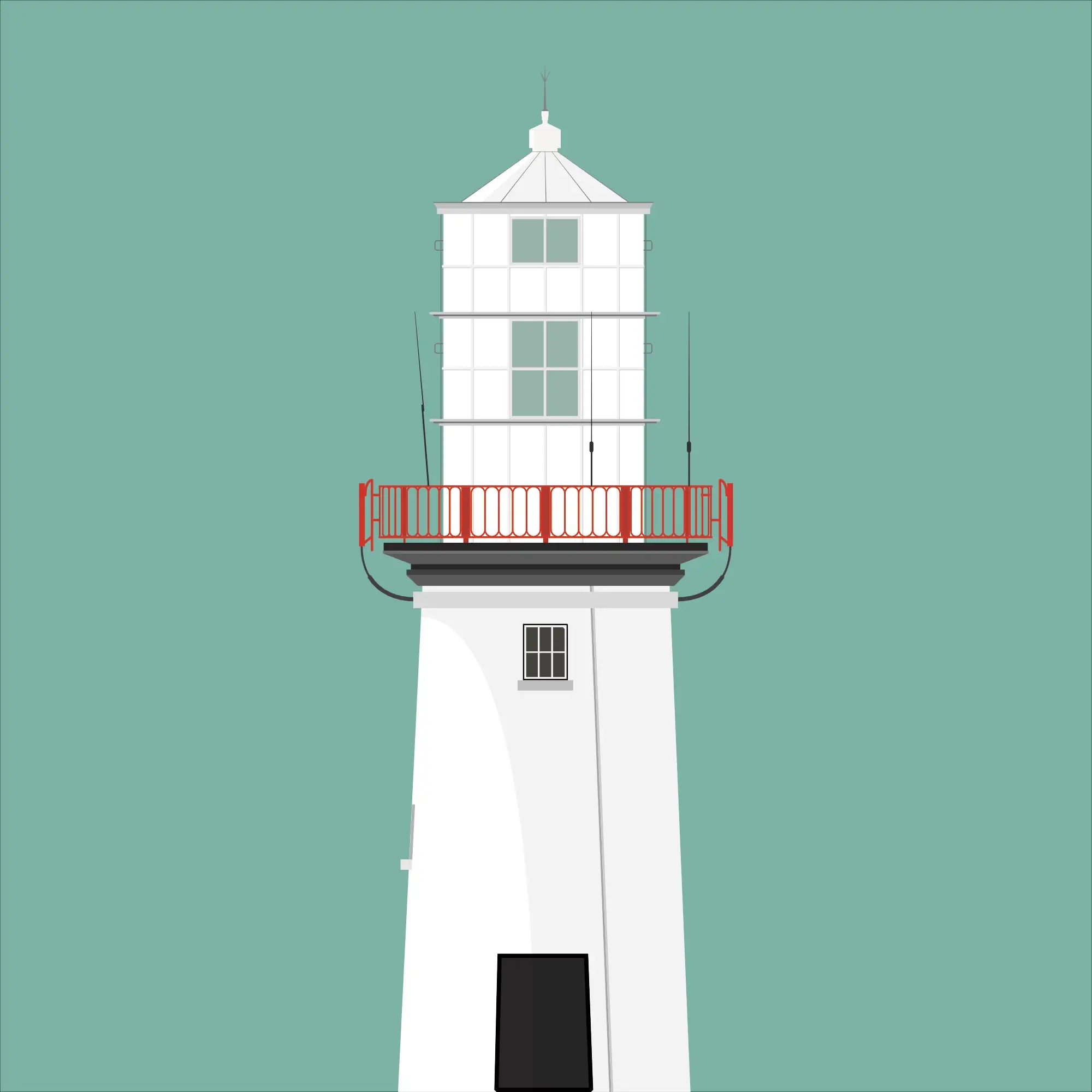 Illustration of Galley Head lighthouse on a white background inside light blue square.