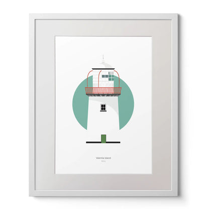 Illustration of Valentia Island lighthouse on a white background inside light blue square,  in a white frame measuring 40x50cm.