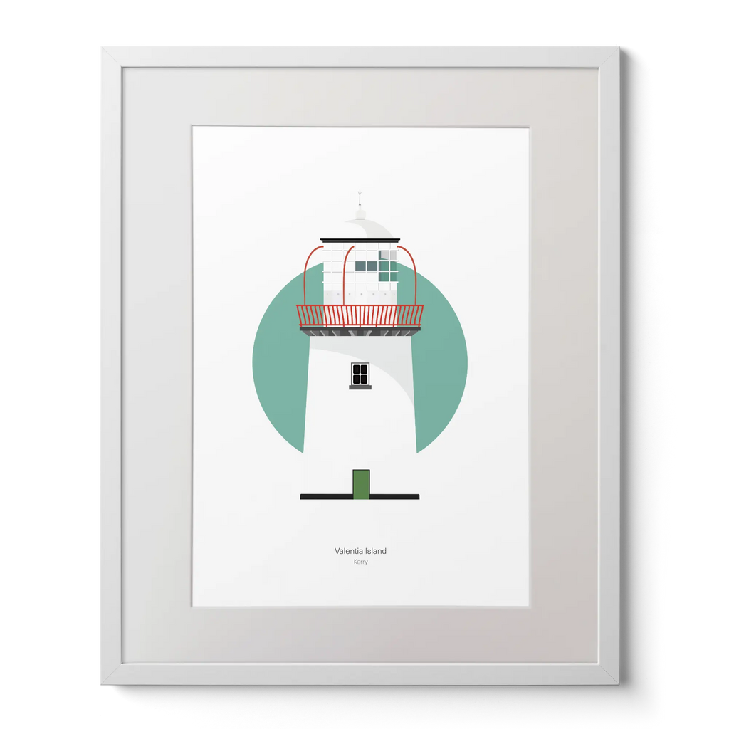 Illustration of Valentia Island lighthouse on a white background inside light blue square,  in a white frame measuring 40x50cm.