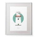 Illustration of Valentia Island lighthouse on a white background inside light blue square,  in a white frame measuring 40x50cm.