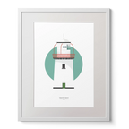 Illustration of Valentia Island lighthouse on a white background inside light blue square,  in a white frame measuring 40x50cm.