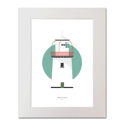 Illustration of Valentia Island lighthouse on a white background inside light blue square, mounted and measuring 40x50cm.