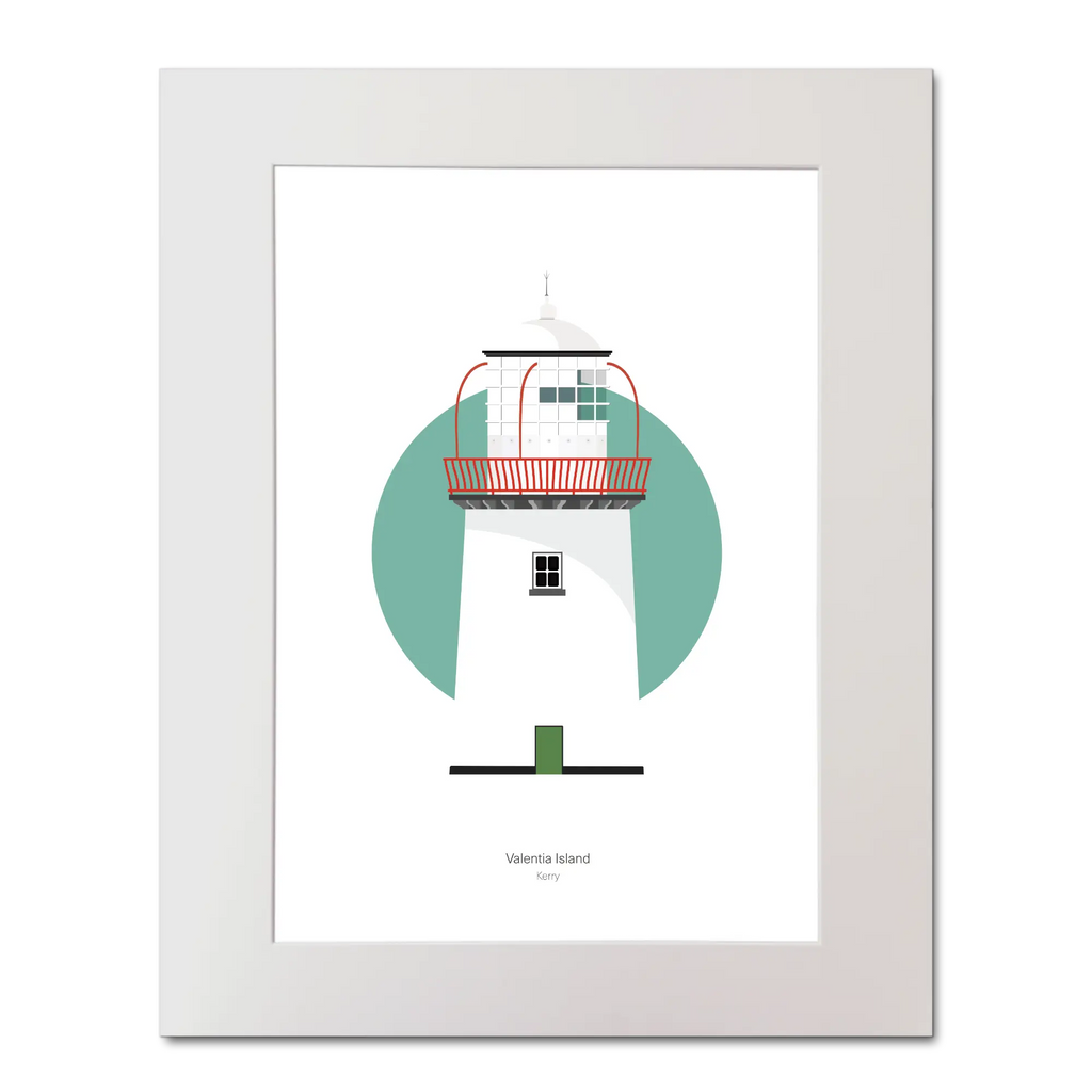 Illustration of Valentia Island lighthouse on a white background inside light blue square, mounted and measuring 40x50cm.