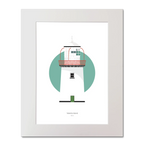 Illustration of Valentia Island lighthouse on a white background inside light blue square, mounted and measuring 40x50cm.