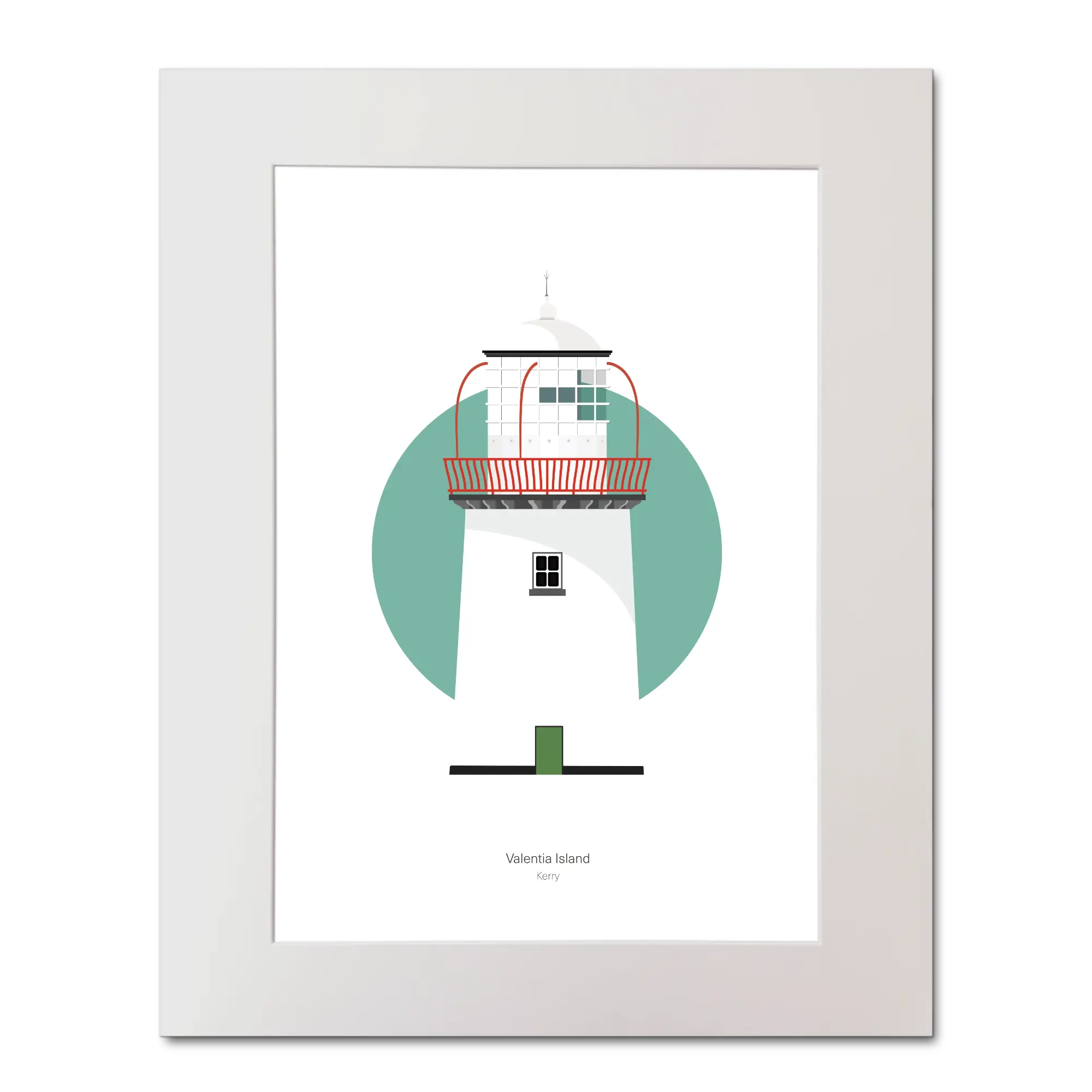 Illustration of Valentia Island lighthouse on a white background inside light blue square, mounted and measuring 40x50cm.