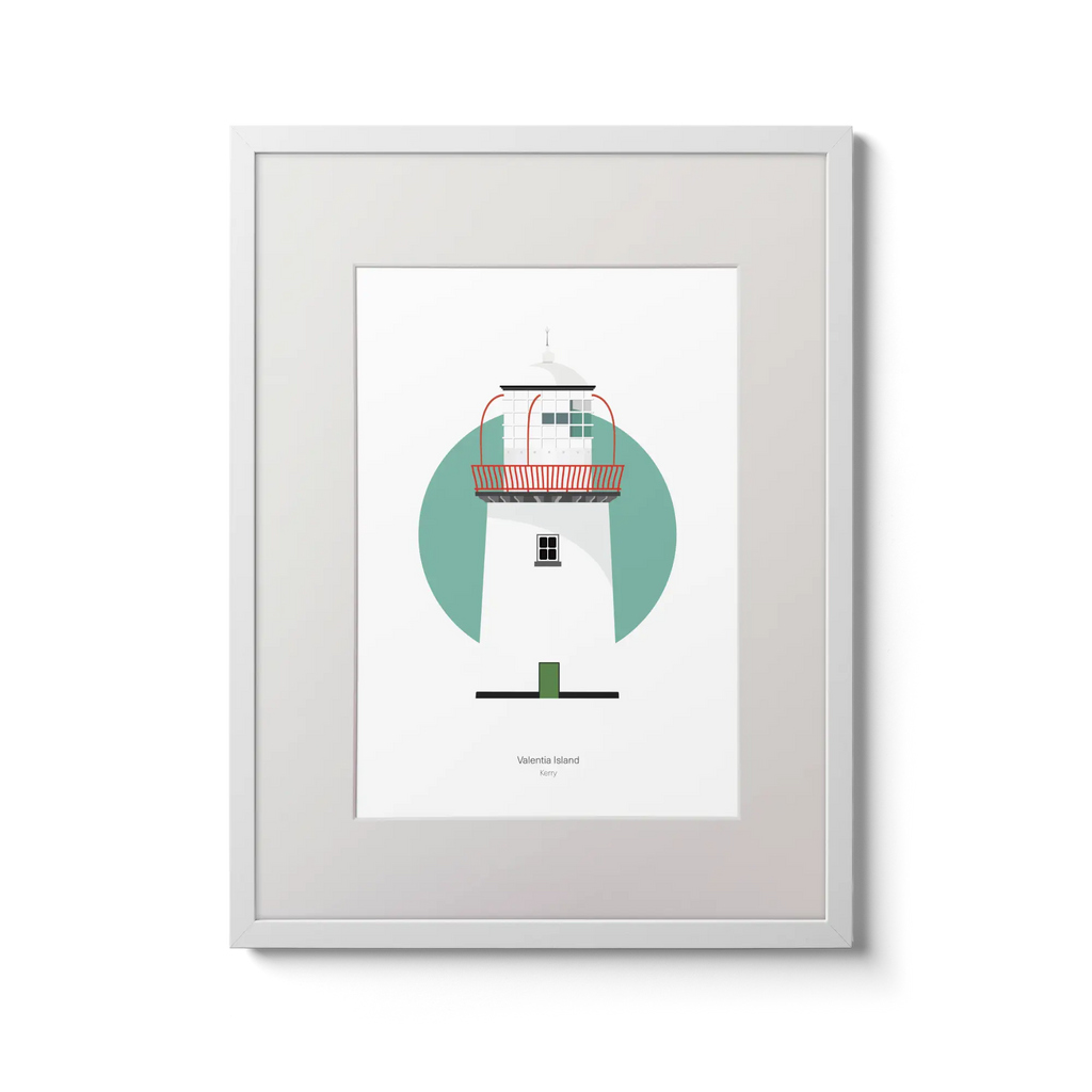 Illustration of Valentia Island lighthouse on a white background inside light blue square,  in a white frame measuring 30x40cm.