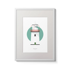 Illustration of Valentia Island lighthouse on a white background inside light blue square,  in a white frame measuring 30x40cm.
