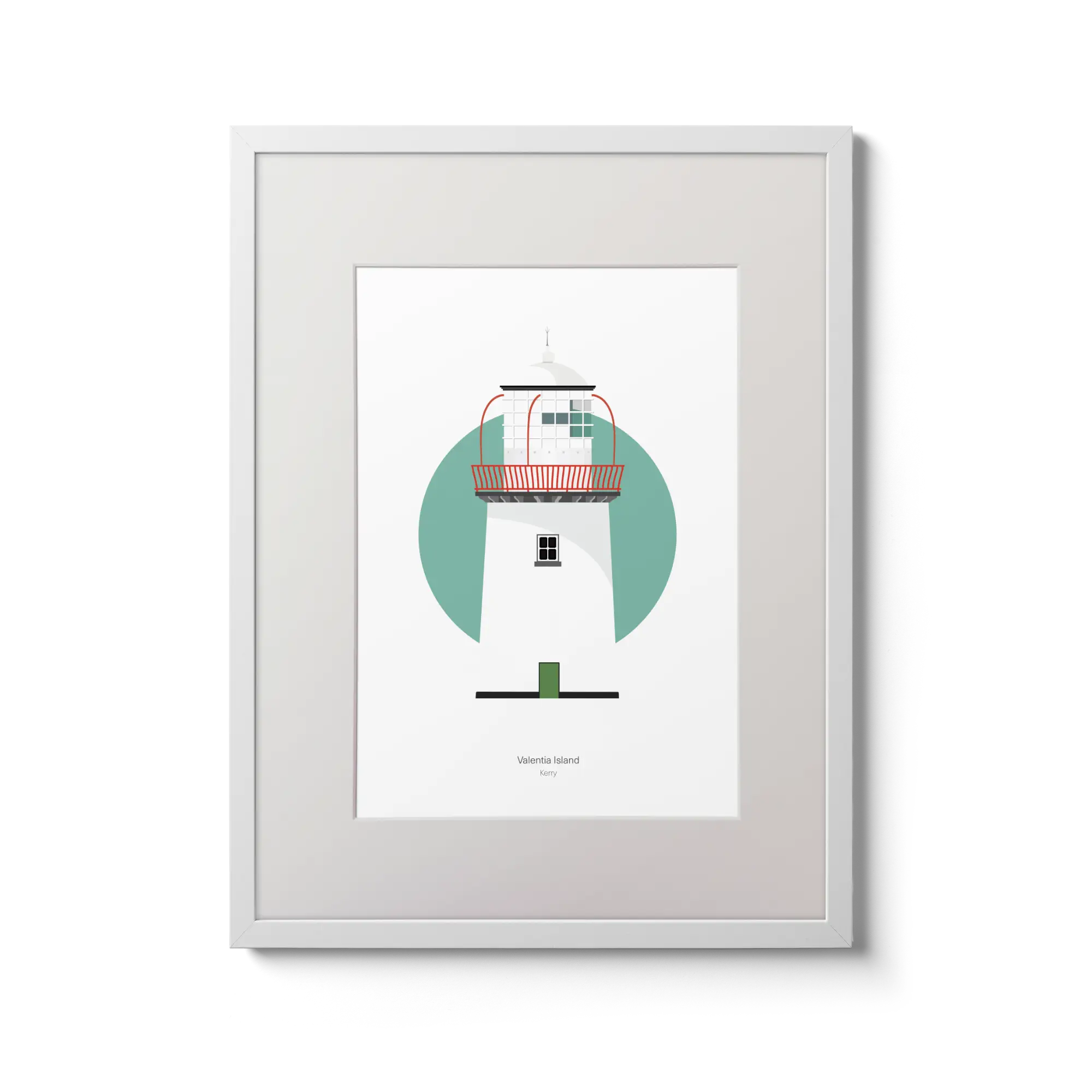 Illustration of Valentia Island lighthouse on a white background inside light blue square,  in a white frame measuring 30x40cm.