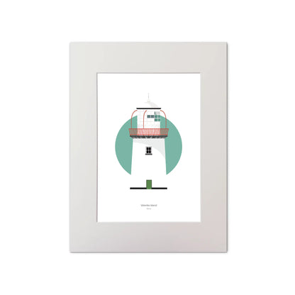Illustration of Valentia Island lighthouse on a white background inside light blue square, mounted and measuring 30x40cm.