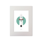 Illustration of Valentia Island lighthouse on a white background inside light blue square, mounted and measuring 30x40cm.