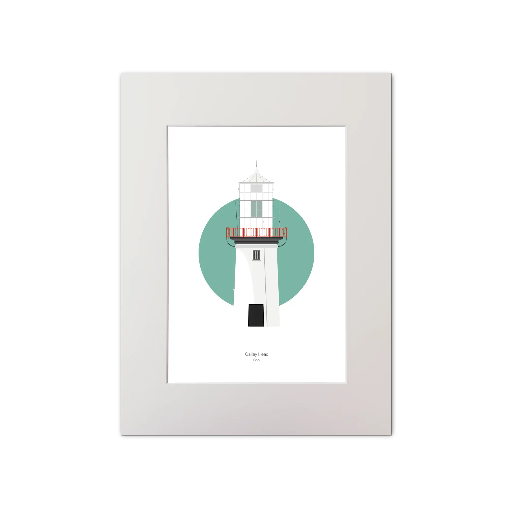 Illustration of Valentia Island lighthouse on a white background inside light blue square, mounted and measuring 30x40cm.