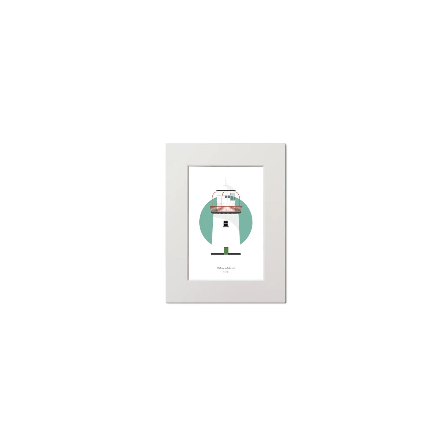 Illustration of Valentia Island lighthouse on a white background inside light blue square, mounted and measuring 15x20cm.