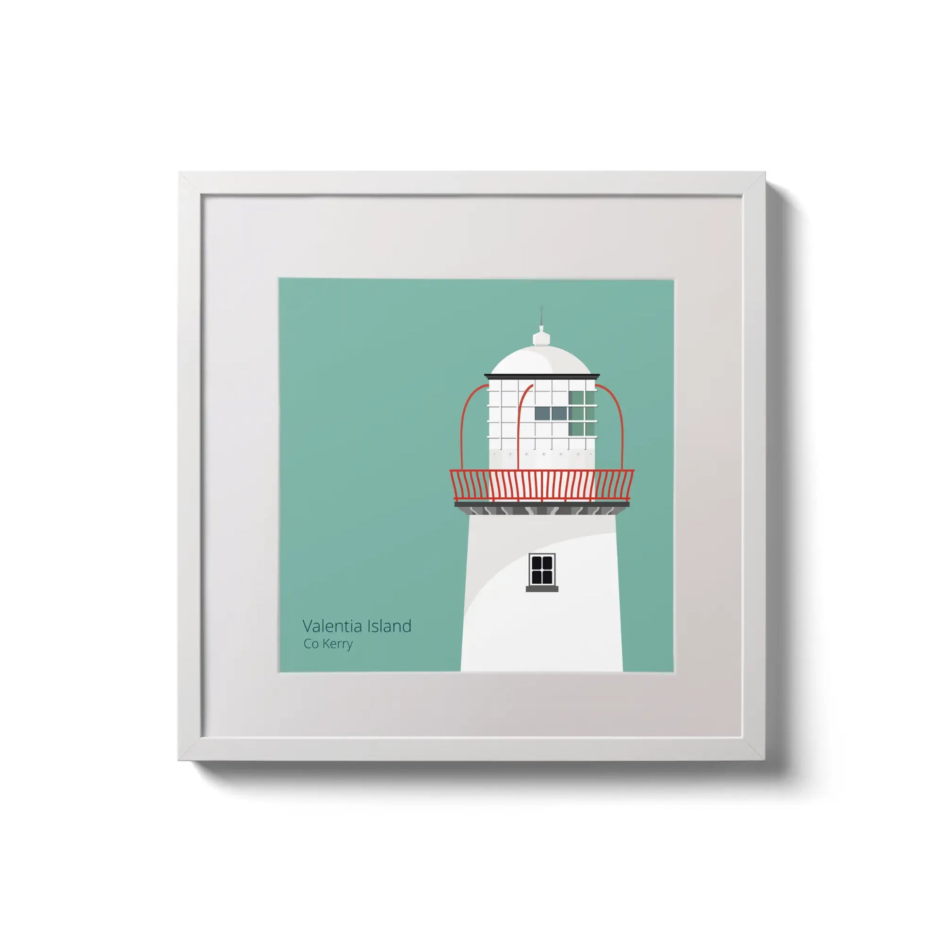 Illustration of Valentia Island lighthouse on an ocean green background,  in a white square frame measuring 20x20cm.