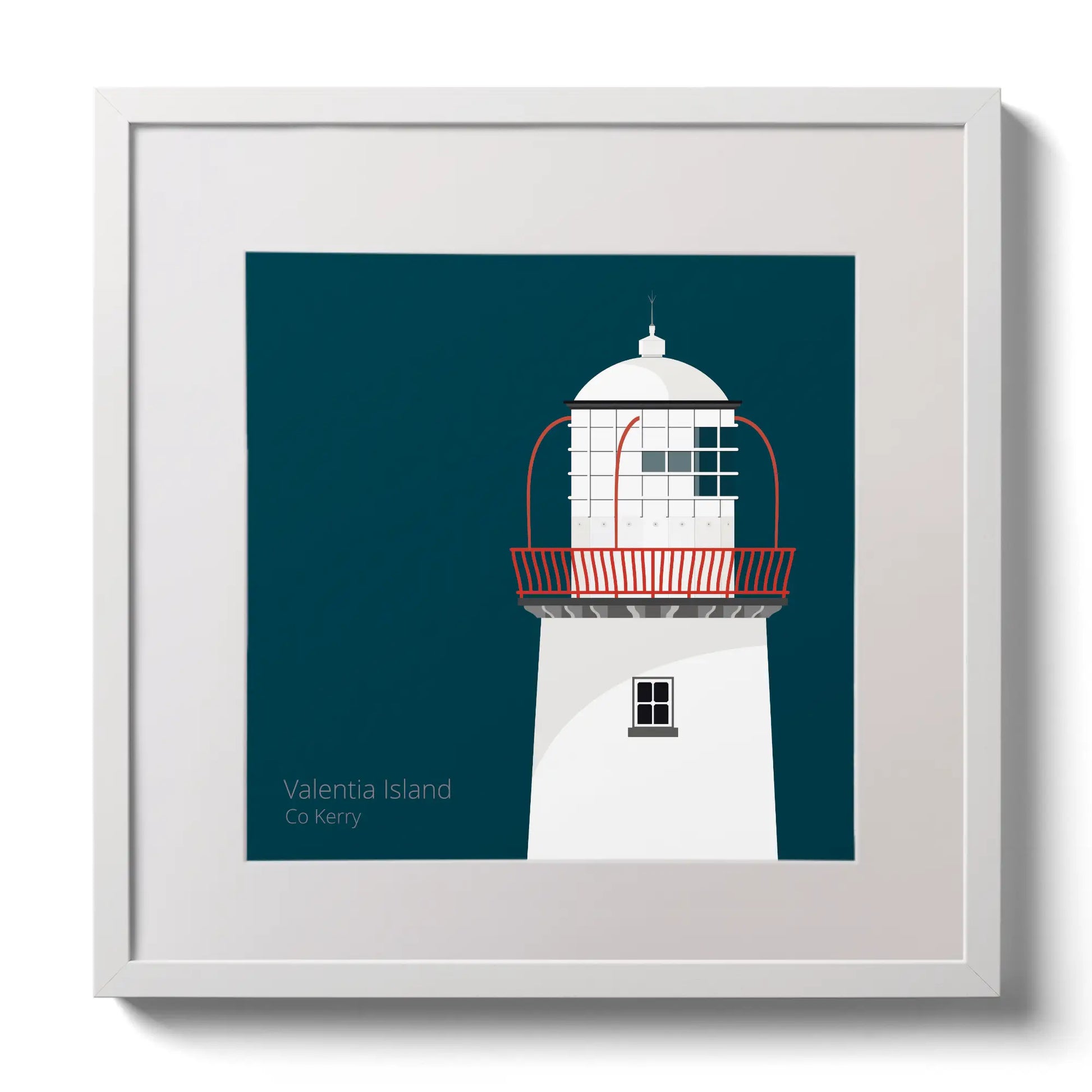 Illustration of Valentia Island lighthouse on a midnight blue background,  in a white square frame measuring 30x30cm.