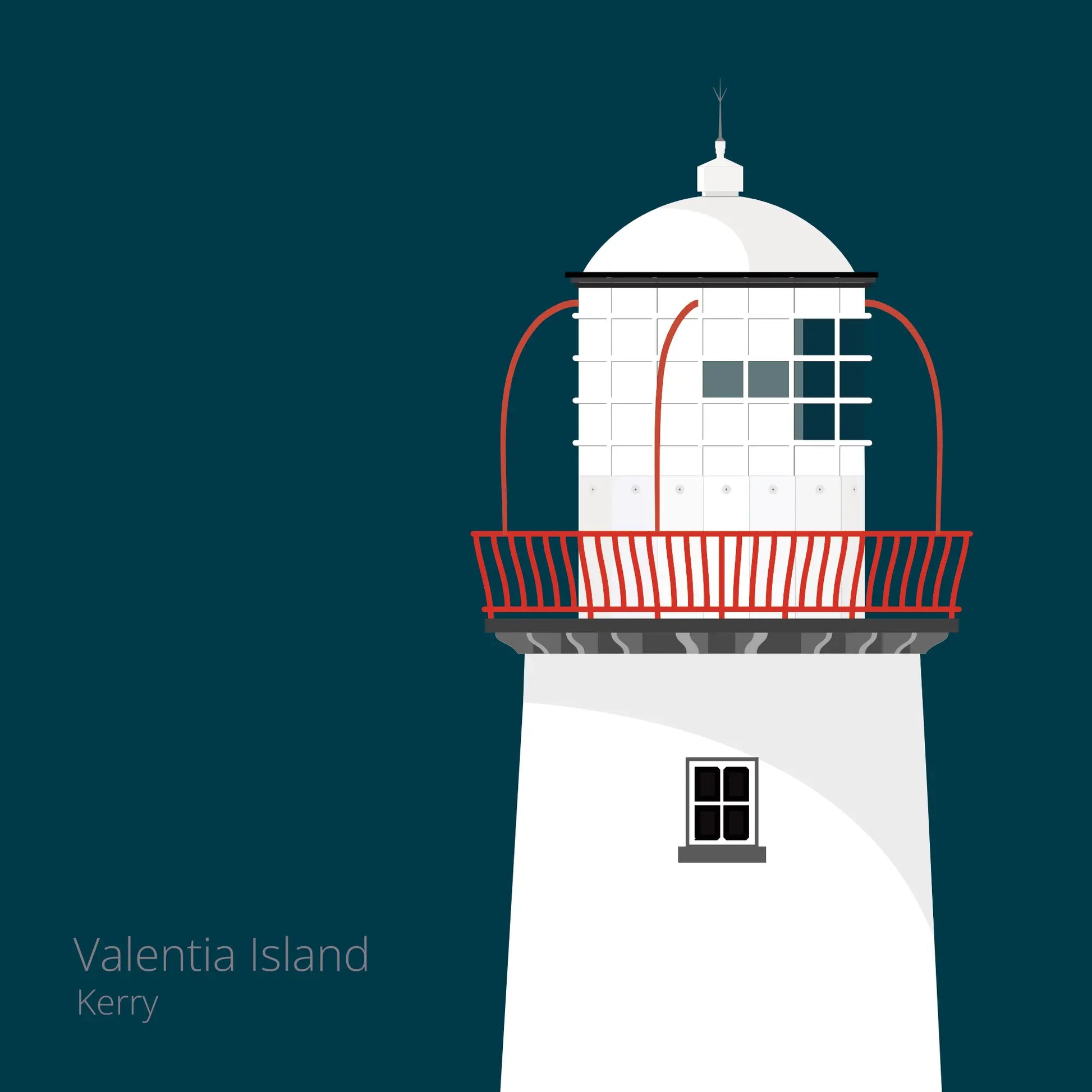 Illustration of Valentia Island lighthouse on a midnight blue background