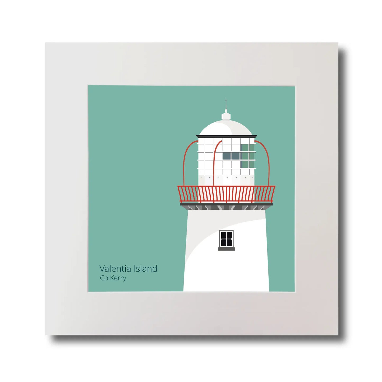 Illustration of Valentia Island lighthouse on an ocean green background, mounted and measuring 30x30cm.