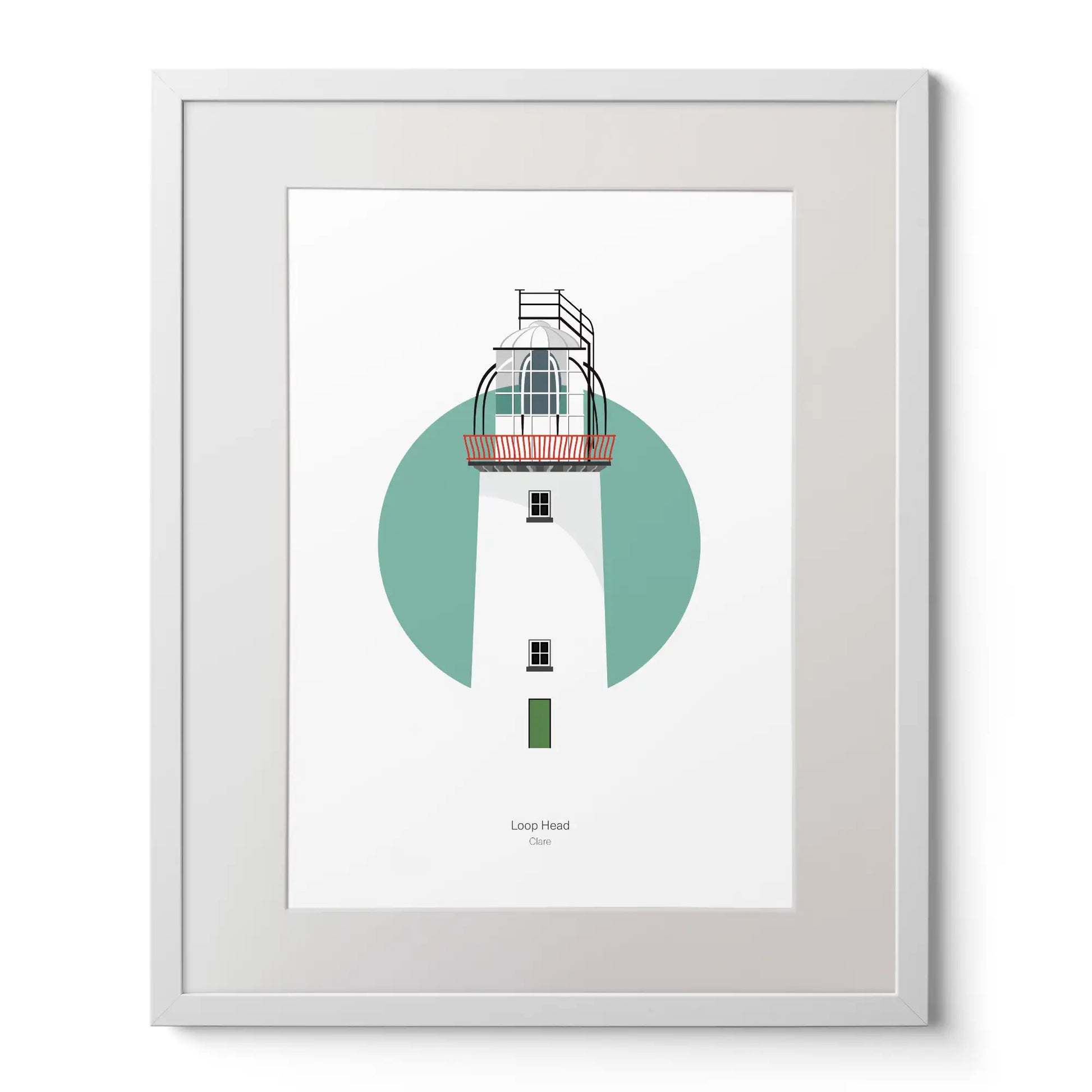 Illustration of Loop Head lighthouse on a white background inside light blue square, mounted and measuring 40x50cm.