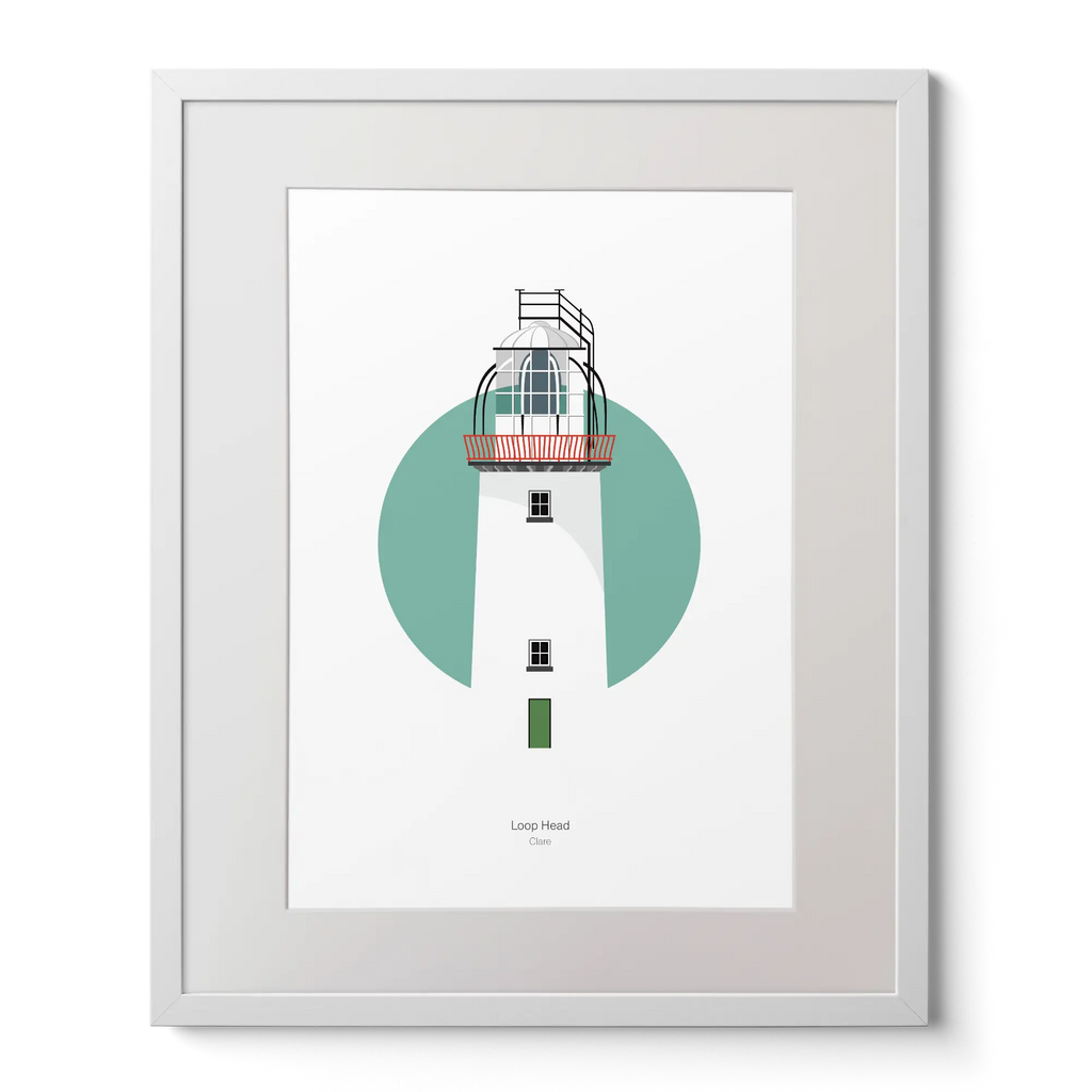Illustration of Loop Head lighthouse on a white background inside light blue square, mounted and measuring 40x50cm.