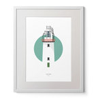 Illustration of Loop Head lighthouse on a white background inside light blue square, mounted and measuring 40x50cm.