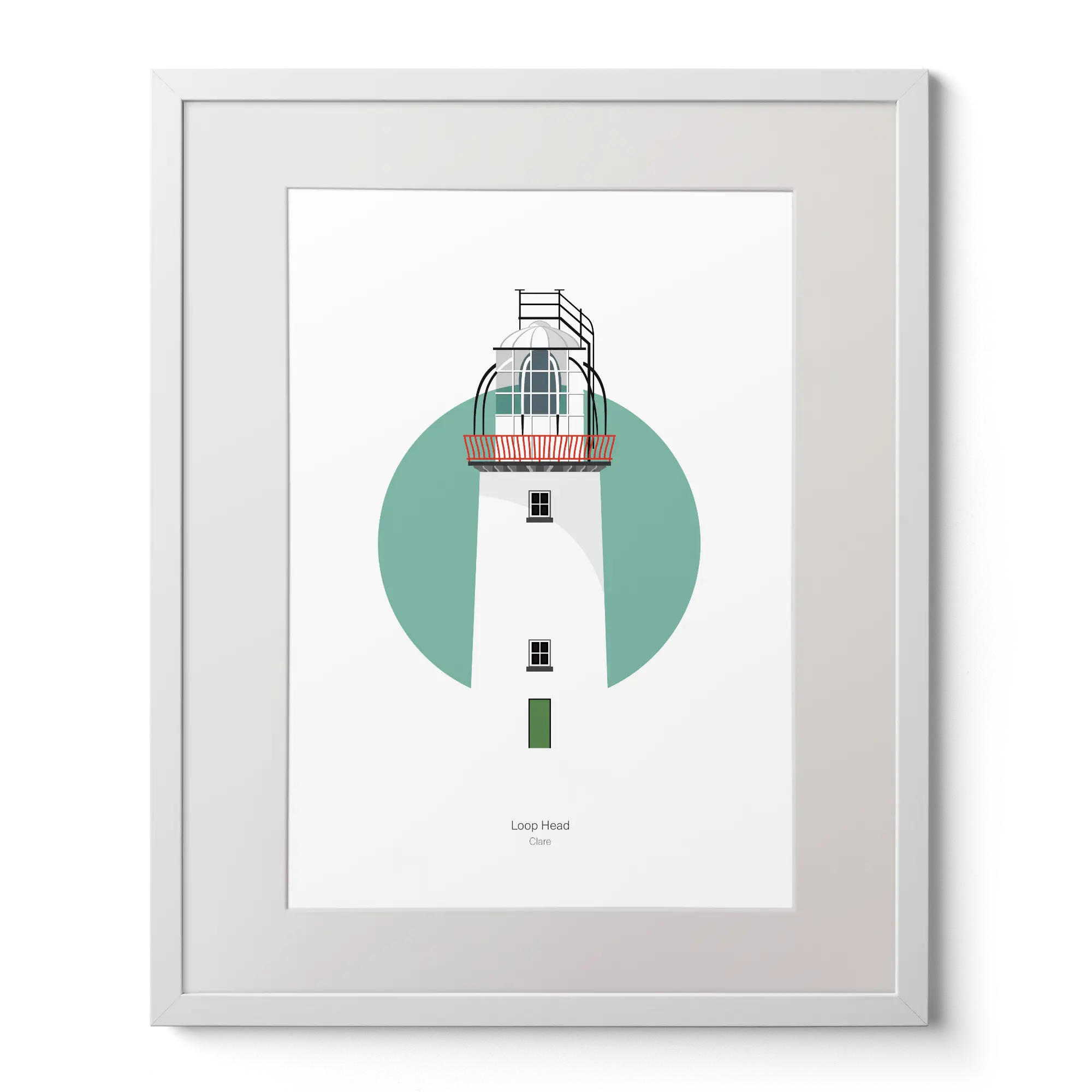 Illustration of Loop Head lighthouse on a white background inside light blue square, mounted and measuring 40x50cm.