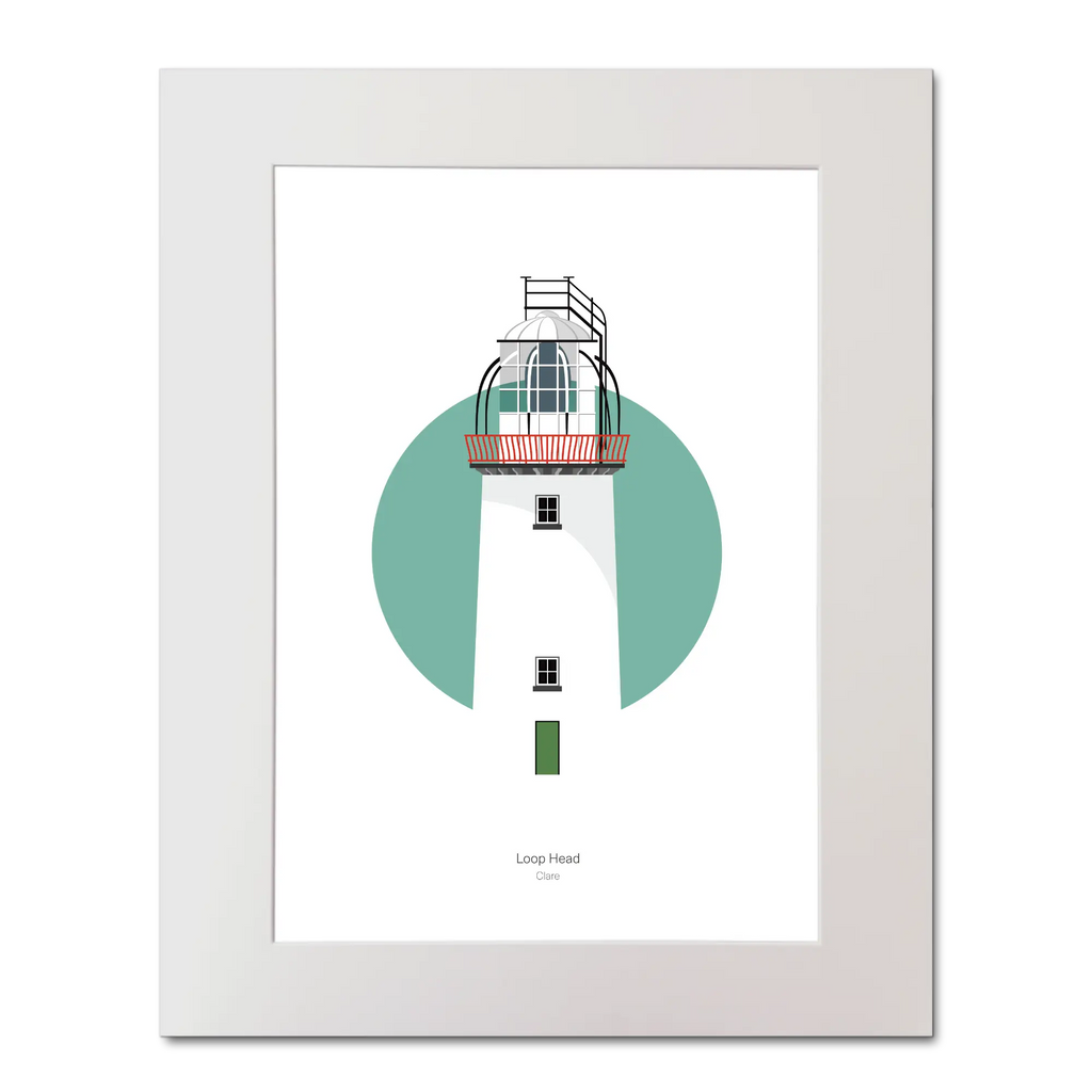 Illustration of Loop Head lighthouse on a white background inside light blue square,  in a white frame measuring 40x50cm.