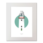 Illustration of Loop Head lighthouse on a white background inside light blue square,  in a white frame measuring 40x50cm.