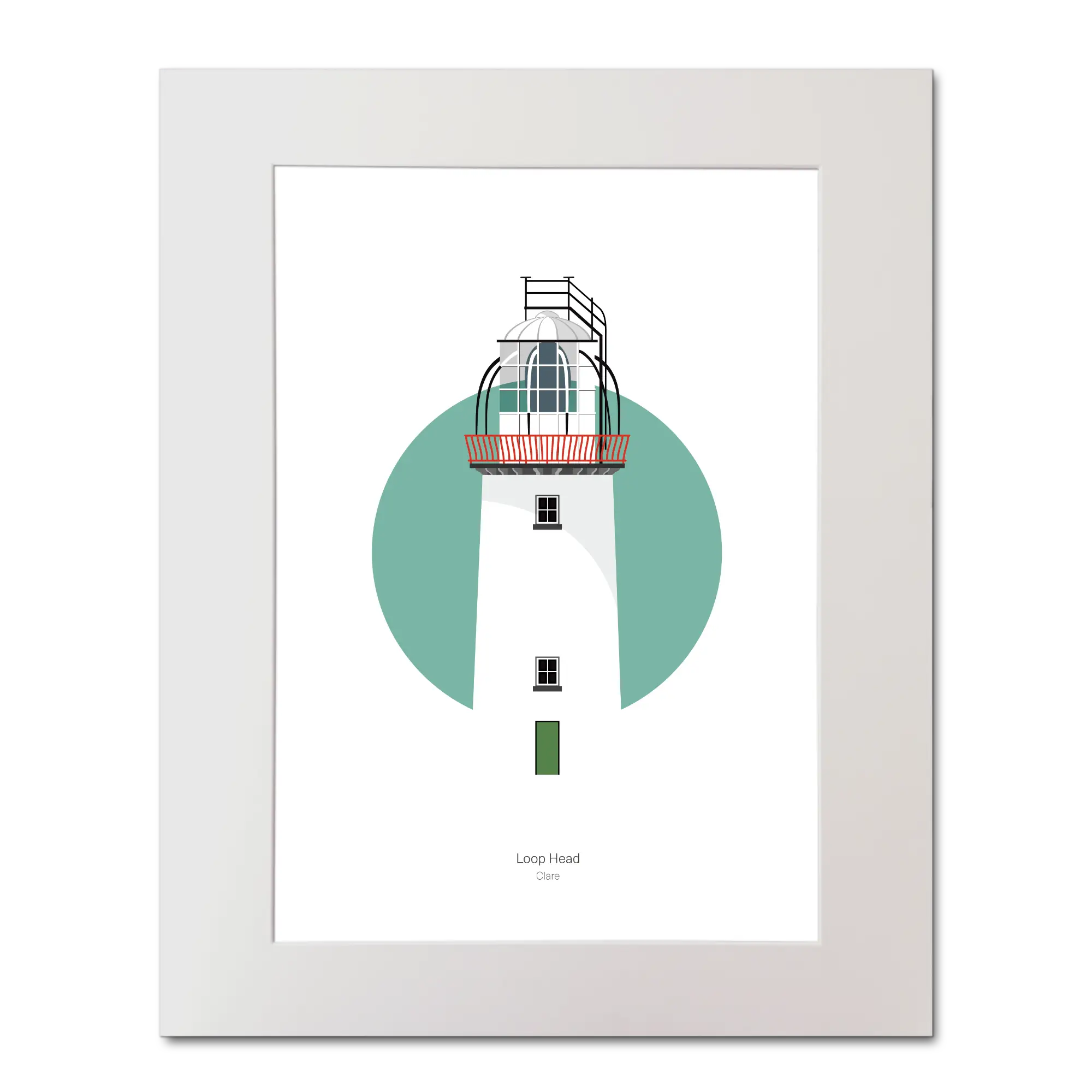 Illustration of Loop Head lighthouse on a white background inside light blue square,  in a white frame measuring 40x50cm.