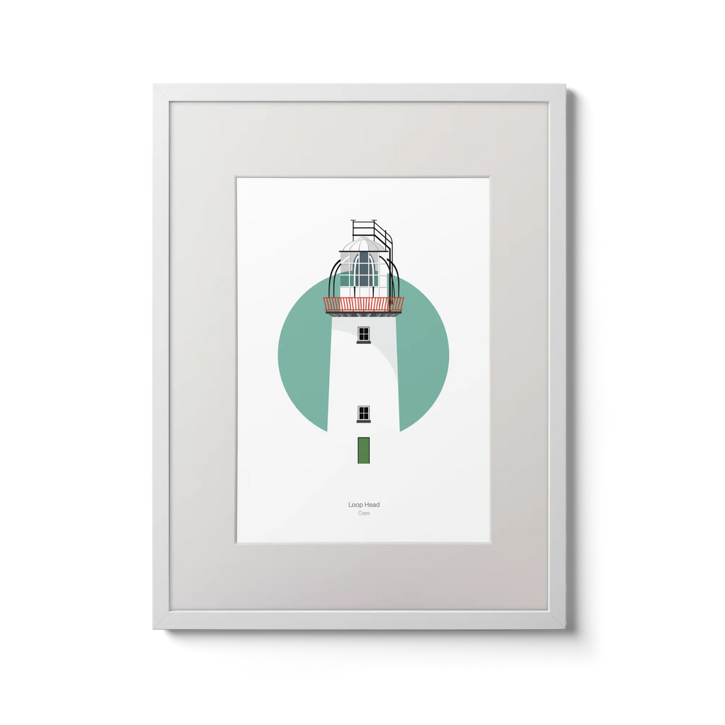 Illustration of Loop Head lighthouse on a white background inside light blue square,  in a white frame measuring 30x40cm.