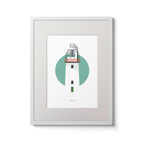 Illustration of Loop Head lighthouse on a white background inside light blue square,  in a white frame measuring 30x40cm.