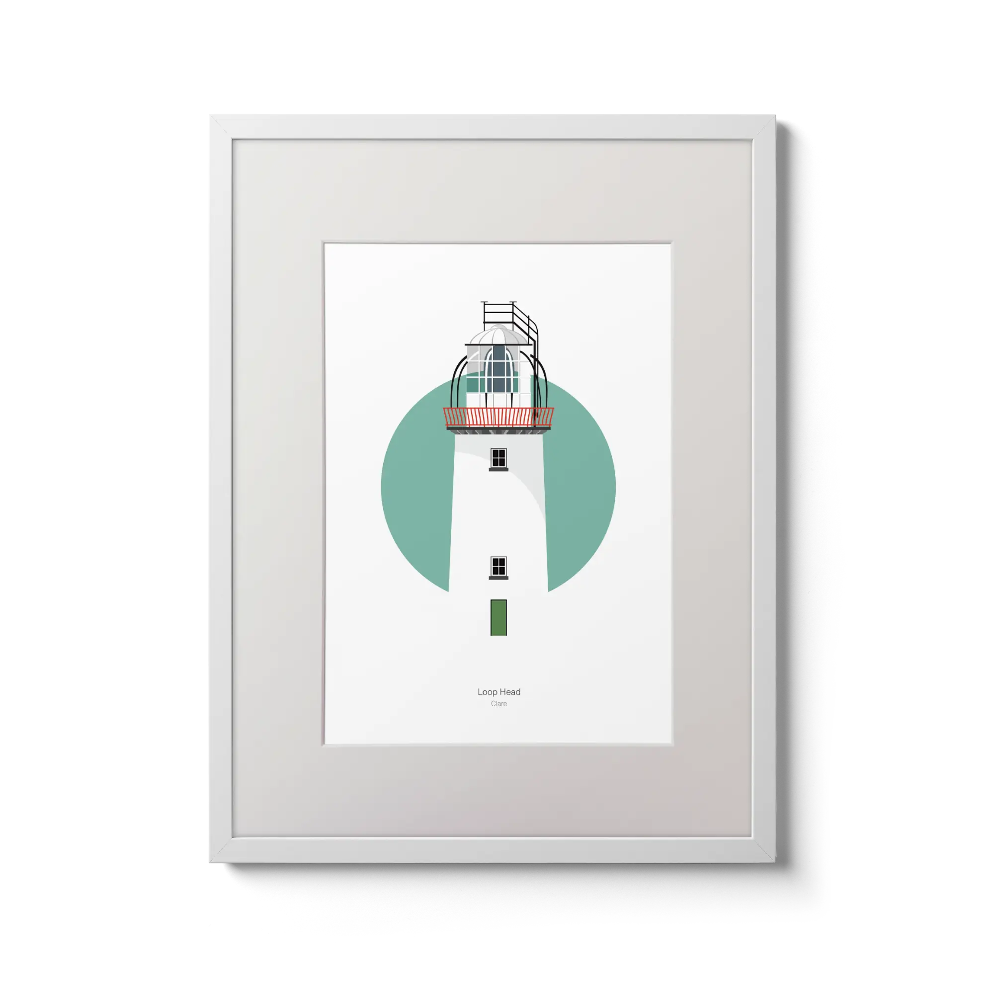 Illustration of Loop Head lighthouse on a white background inside light blue square,  in a white frame measuring 30x40cm.