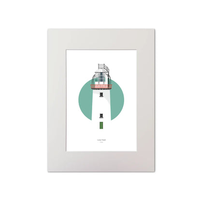 Illustration of Loop Head lighthouse on a white background inside light blue square, mounted and measuring 30x40cm.