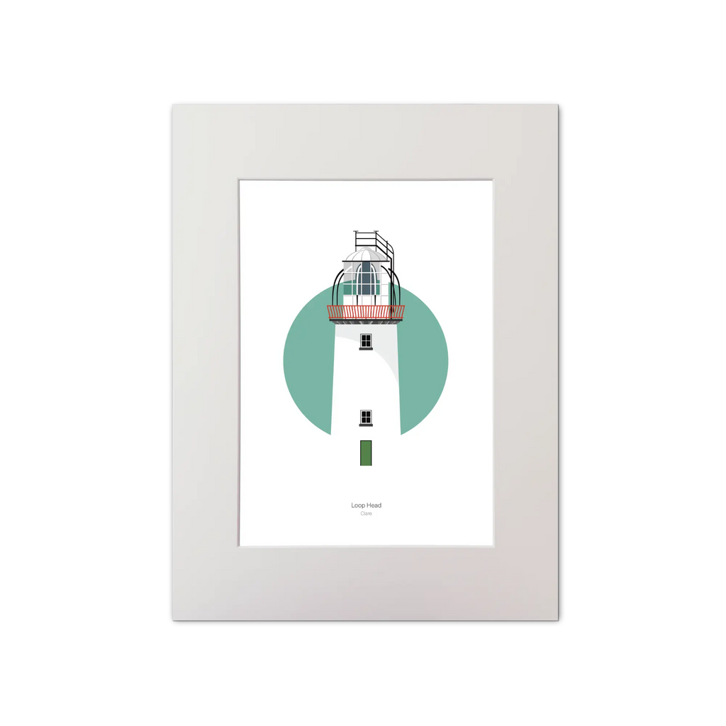 Illustration of Loop Head lighthouse on a white background inside light blue square, mounted and measuring 30x40cm.