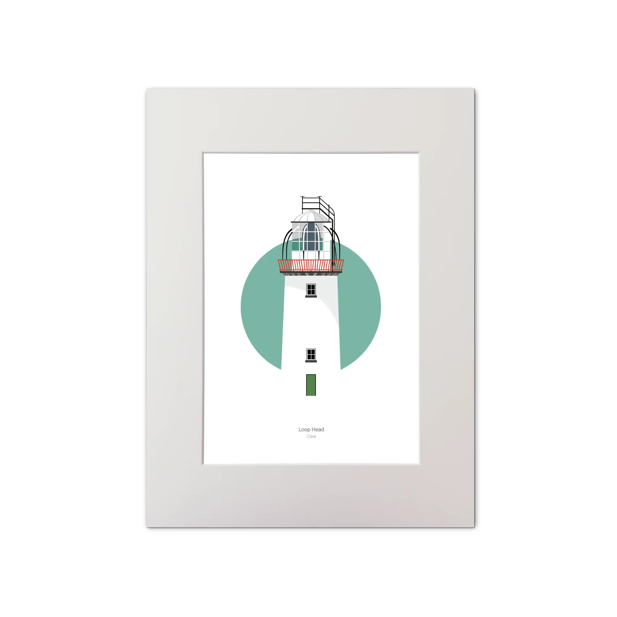 Illustration of Loop Head lighthouse on a white background inside light blue square, mounted and measuring 30x40cm.