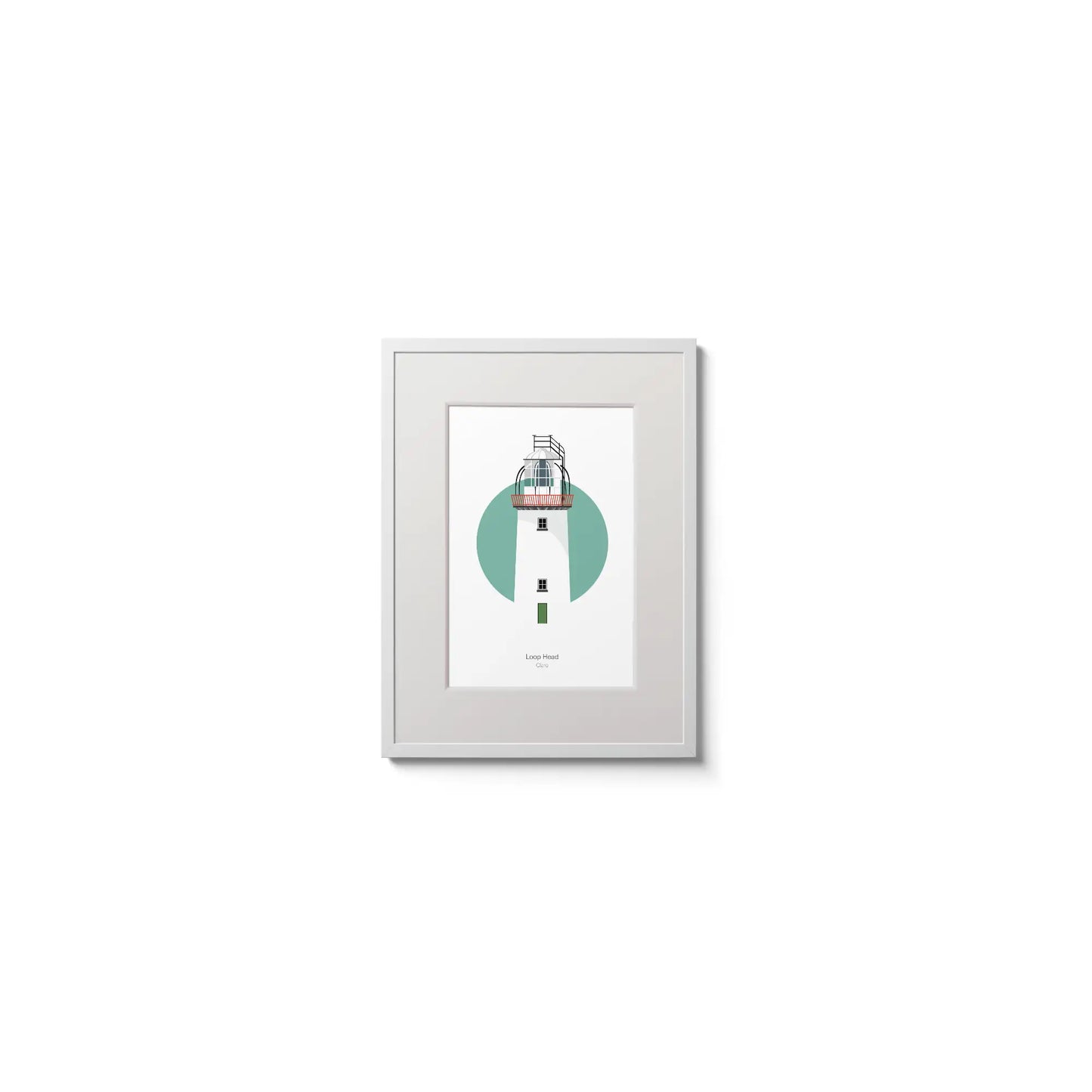 Illustration of Loop Head lighthouse on a white background inside light blue square,  in a white frame measuring 15x20cm.