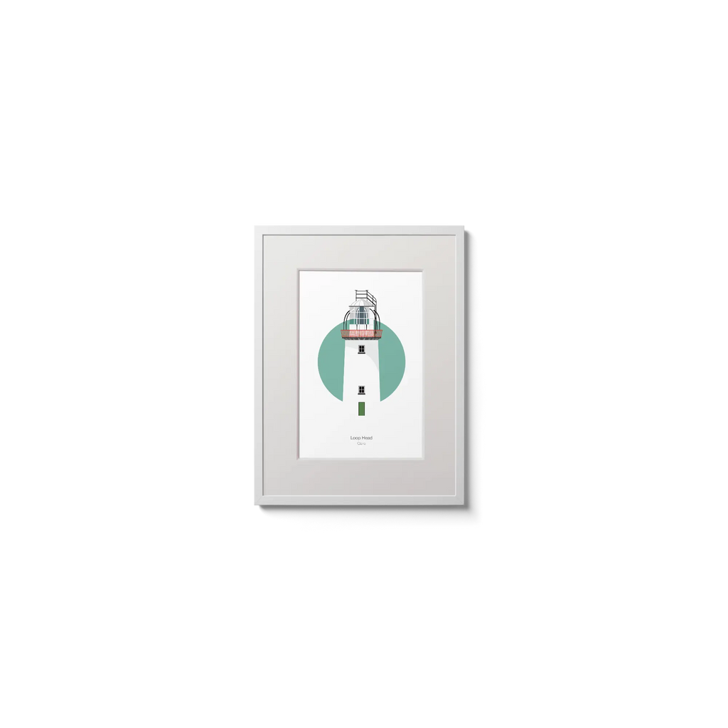 Illustration of Loop Head lighthouse on a white background inside light blue square,  in a white frame measuring 15x20cm.