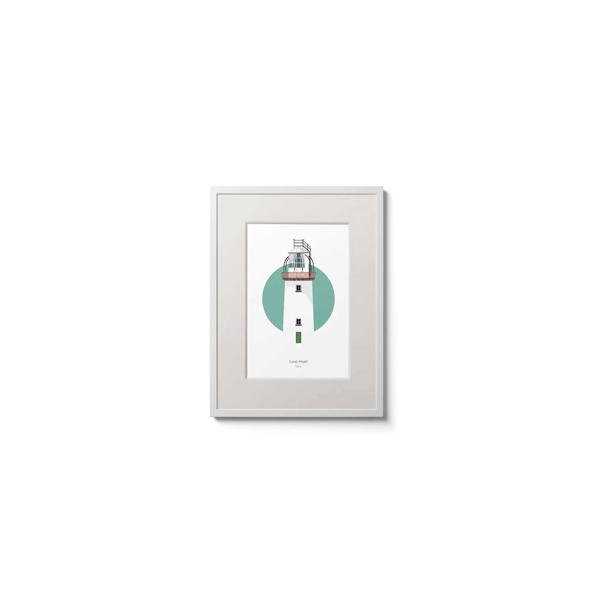 Illustration of Loop Head lighthouse on a white background inside light blue square,  in a white frame measuring 15x20cm.
