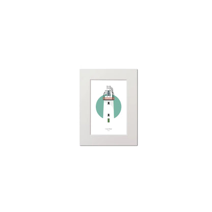 Illustration of Loop Head lighthouse on a white background inside light blue square, mounted and measuring 15x20cm.