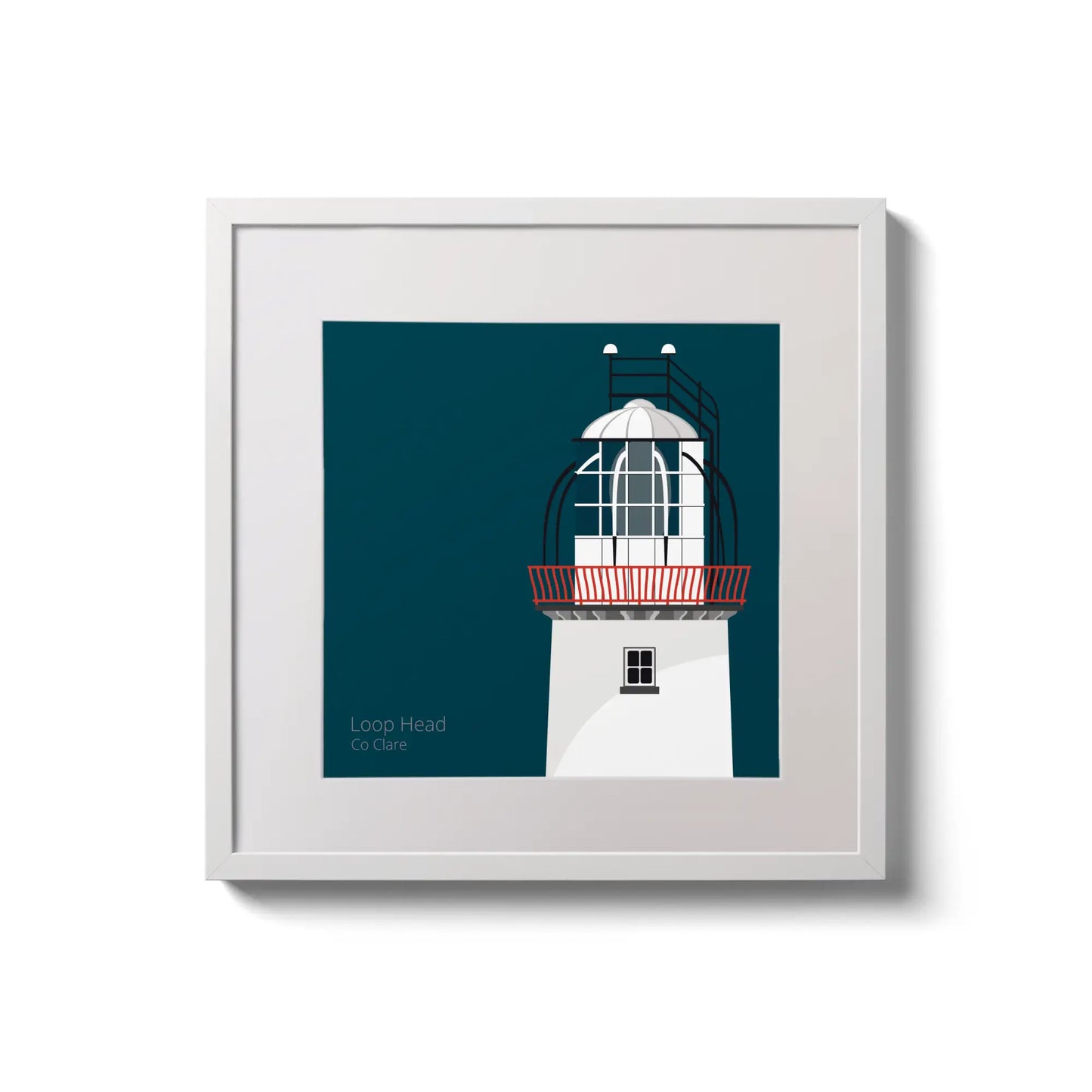 Illustration of Loop Head lighthouse on a midnight blue background,  in a white square frame measuring 20x20cm.