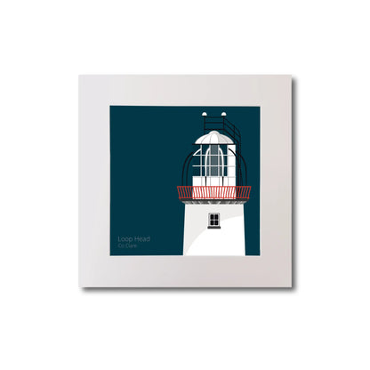Illustration of Loop Head lighthouse on a midnight blue background, mounted and measuring 20x20cm.