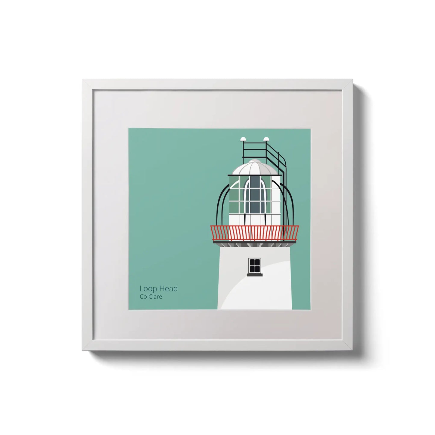 Illustration of Loop Head lighthouse on an ocean green background,  in a white square frame measuring 20x20cm.