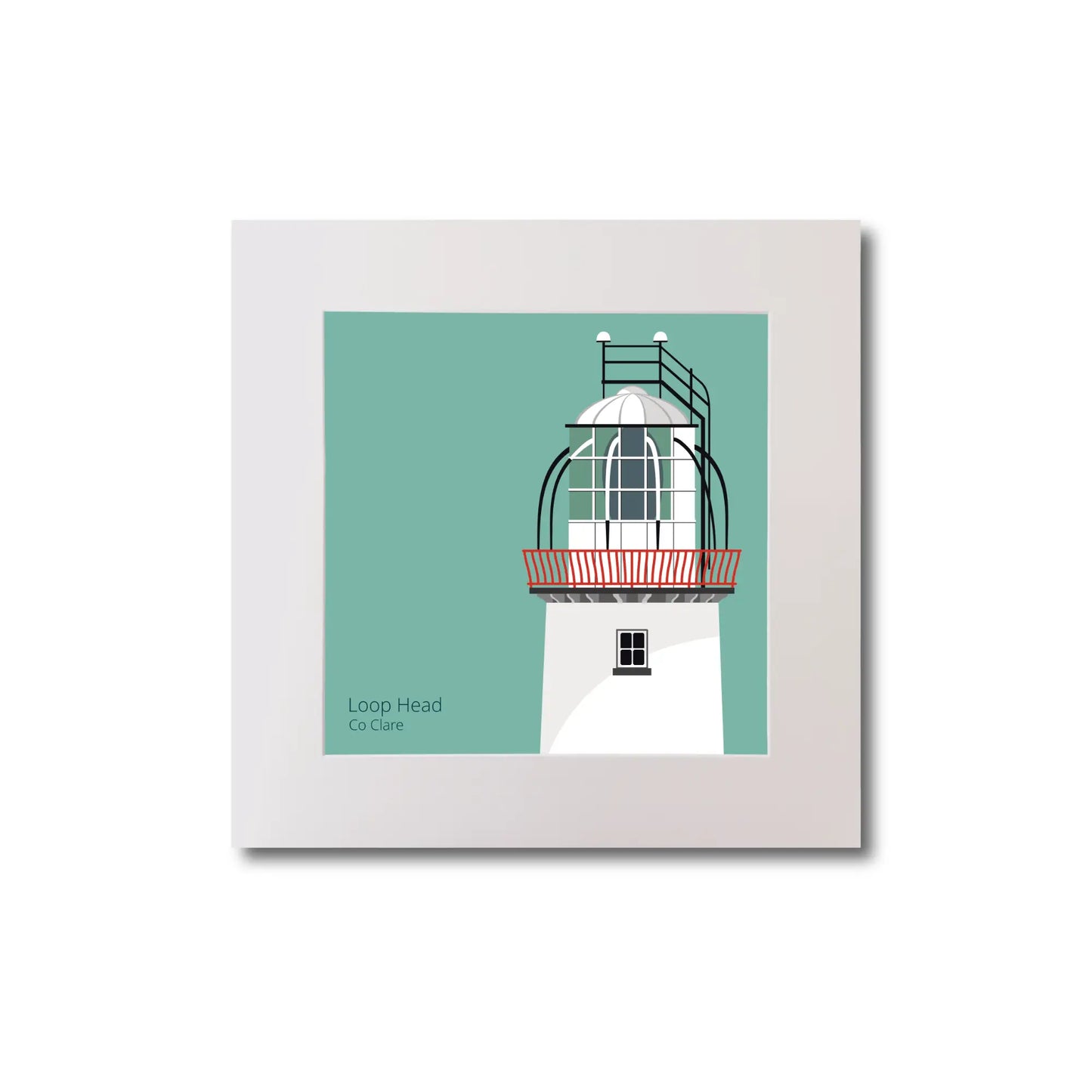 Illustration of Loop Head lighthouse on an ocean green background, mounted and measuring 20x20cm.