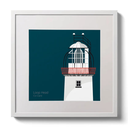 Illustration of Loop Head lighthouse on a midnight blue background,  in a white square frame measuring 30x30cm.