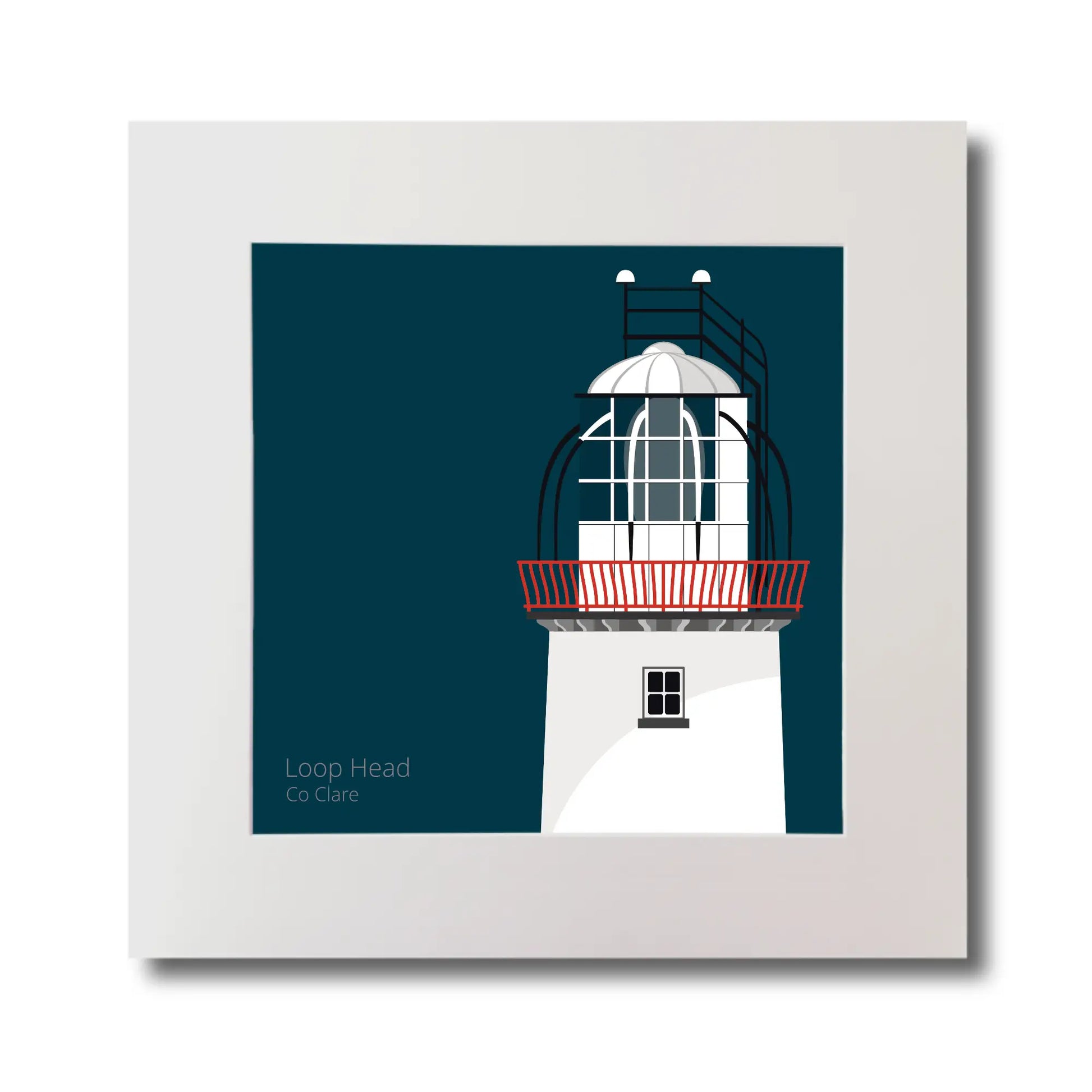 Illustration of Loop Head lighthouse on a midnight blue background, mounted and measuring 30x30cm.
