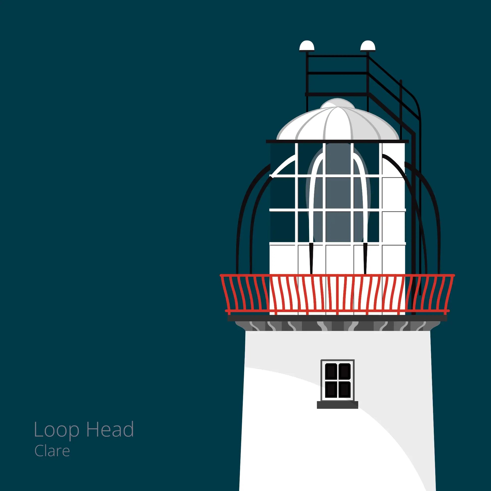 Illustration of Loop Head lighthouse on a midnight blue background